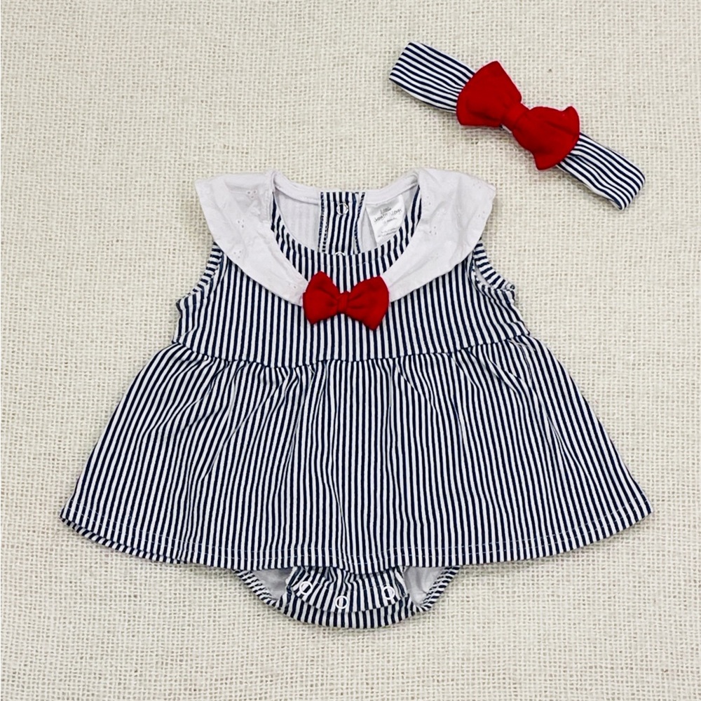 Baby girl clothes. Onesie dress and headband. 12 months. Little Beginnings.